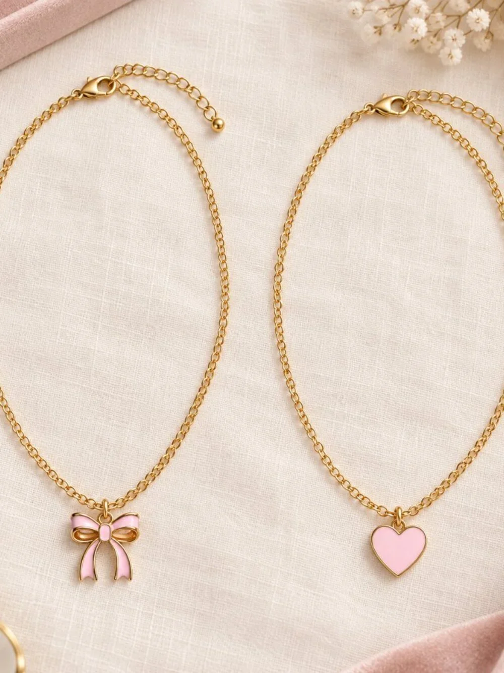 Gold Tone Pink Enamel Bow Heart Charm Layering Necklace Set NWT